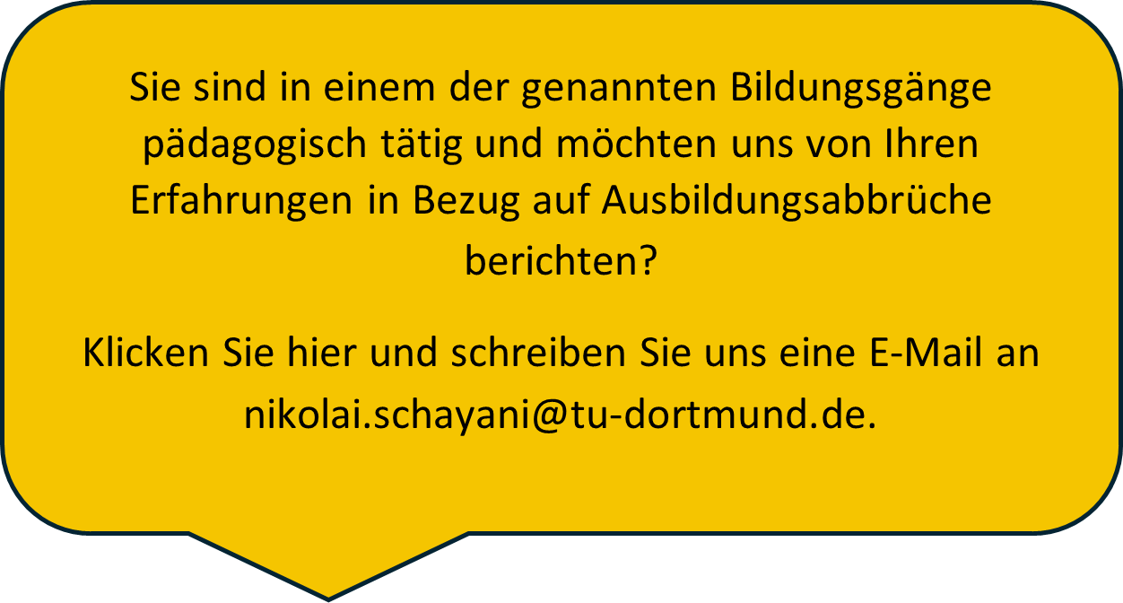 Sie sind in einem der genannten Bildungsgänge pädagogisch tätig und möchten uns von Ihren Erfahrungen in Bezug auf Ausbildungsabbrüche berichten? Klicken Sie hier und schreiben Sie uns eine E-Mail an nikolai.schayani@tu-dortmund.de.